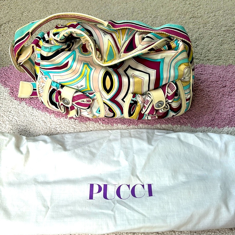 Authentic vintage, Emilio Pucci satin handbag with patent leather trim